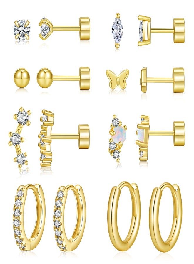 PLOMFOV Gold Flat Back Earrings | Hoop Cartilage Earring Sets for Multiple Piercing | 14K Gold Plated 20G Stud Earrings Stacks for Women | Cartilage Helix Tragus Piercing Gold Tone - Image 1
