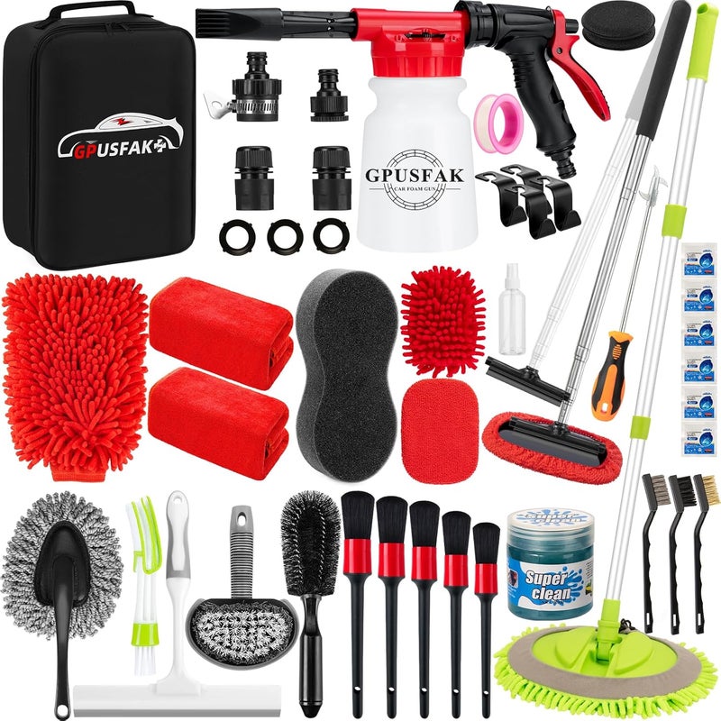 GPUSFAK 40Pcs Car Wash Cleaning Kit with Foam Gun Sprayer Detailing Brushes Wash Mop Windshield Cleaning Tool Tire Brush Towels Complete Interior Exterior Detailing Set for Car - Image 1