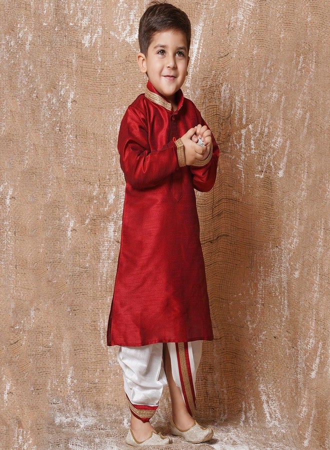 AJ DEZINES Kids Silk Blend Full Sleeve Solid Maroon Dhoti Kurta Set for Boys - Ethnic Wear | Traditional | Festival Wear for boys - Regular Fit - Image 4