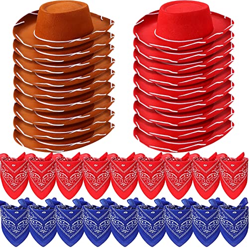 Unittype 18 Sets Cowboy Hats and Bandanas Bulk Kids Western Cowboy Costume Accessories Kids Party SuppliesBrown Red Blue - Image 1