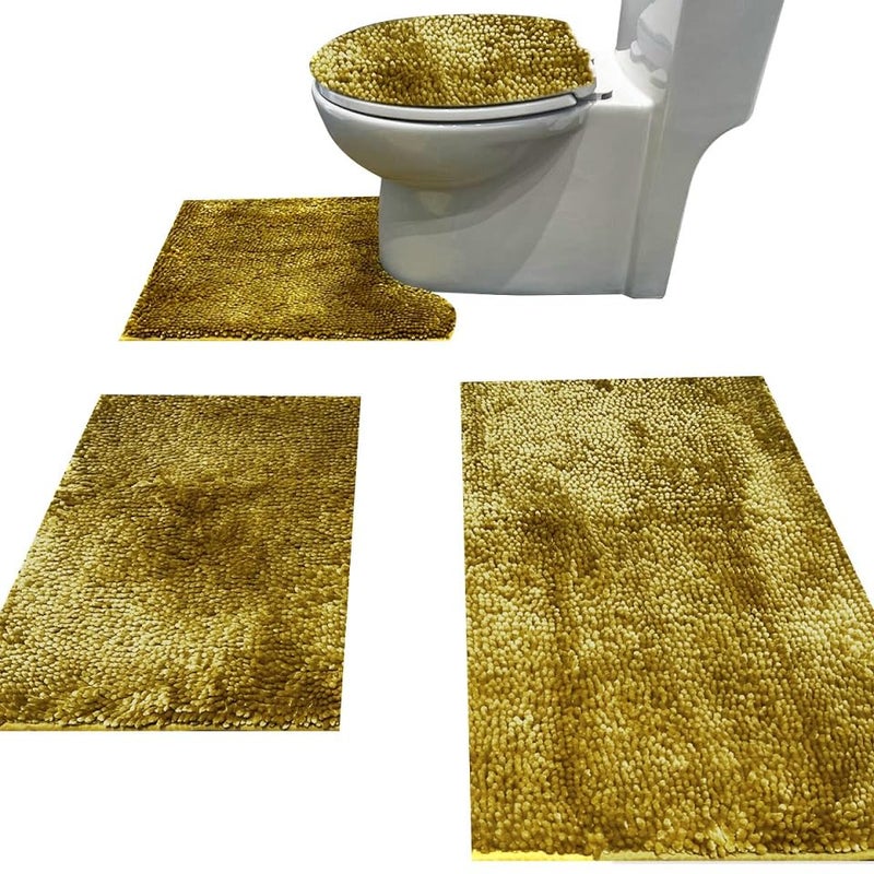 Madeals Chenille Bath Rug Sets 4 Piece with Toilet Lid Cover and Rug Set Combo, Soft Shaggy Bath Rug Set 3 Piece and U-Shaped Toilet Floor Rug Golden - Image 1