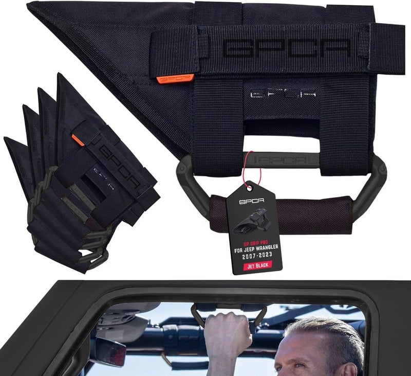 GPCA Metal Grab Handles for Jeep Wrangler 4xe, JL, JT, JK, Sport, Sahara, Rubicon and Gladiator 4DR/2DR 2007-2023 GP Grip PRO, Foldable Patented, 4 Packs, Jet Black - Image 1