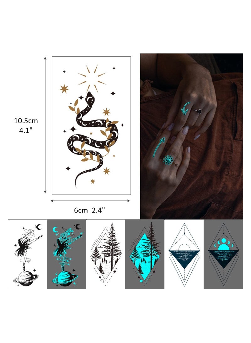 180 Glow in the Dark Blue Temporary Tattoos for Adults - 36 Mixed Style Sheets Featuring Luminous Feathers, Snakes, Mountains, Skulls, and Letters - Perfect Party Favors for Men and Women. - Image 3