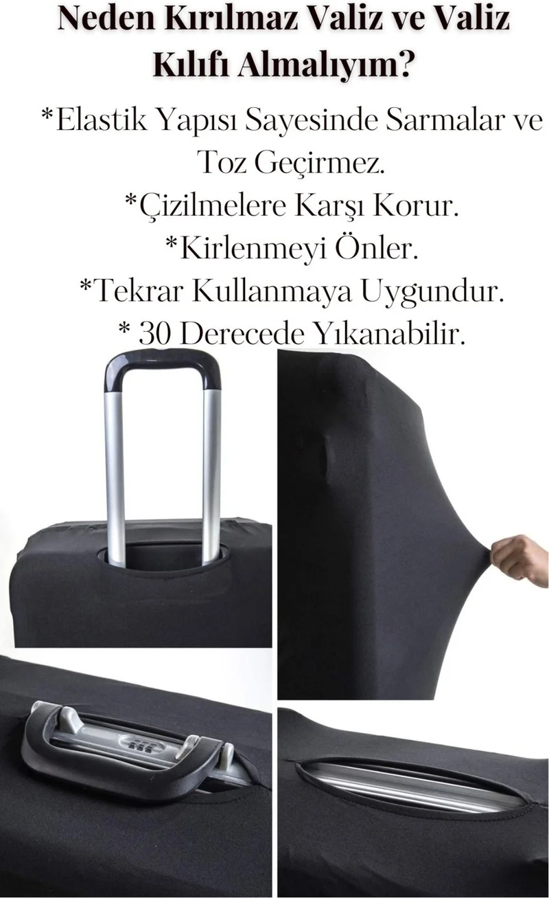 باشكنت تشانتا Başkent Bag Unbreakable Suitcase + Luggage Cover Set Medium Size Black Polypropylene Body 8683255012411