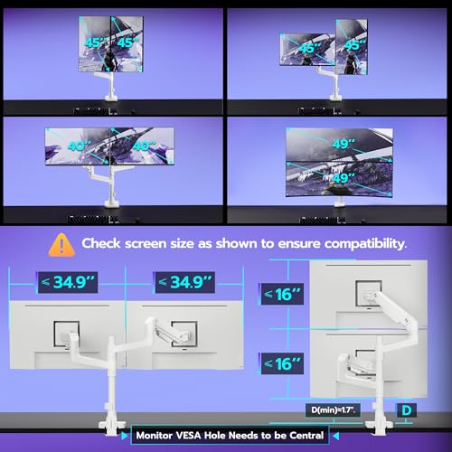 ARES WING Dual Monitor Arm Desk Mount for 1749 Inch Ultrawide Monitors Heavy Duty Dual Monitor Mount Holds 44 lbs Full Motion Gas Spring Vertical Stacked Monitor Mount 75100 VESA Mount White - Image 3