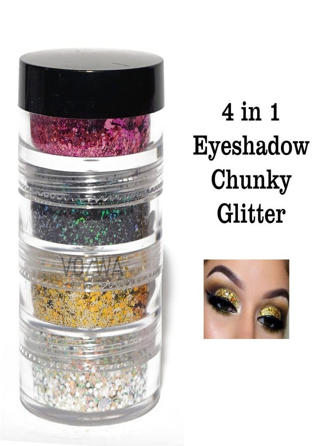 Vozwa 4 in 1 Eyeshadow Chunky and Fine Glitter Mix - (Pink + Black + Golden + Silver) - Image 4