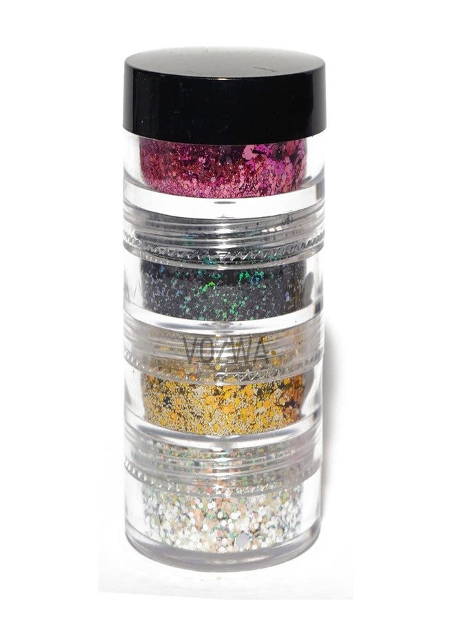 Vozwa 4 in 1 Eyeshadow Chunky and Fine Glitter Mix - (Pink + Black + Golden + Silver) - Image 1
