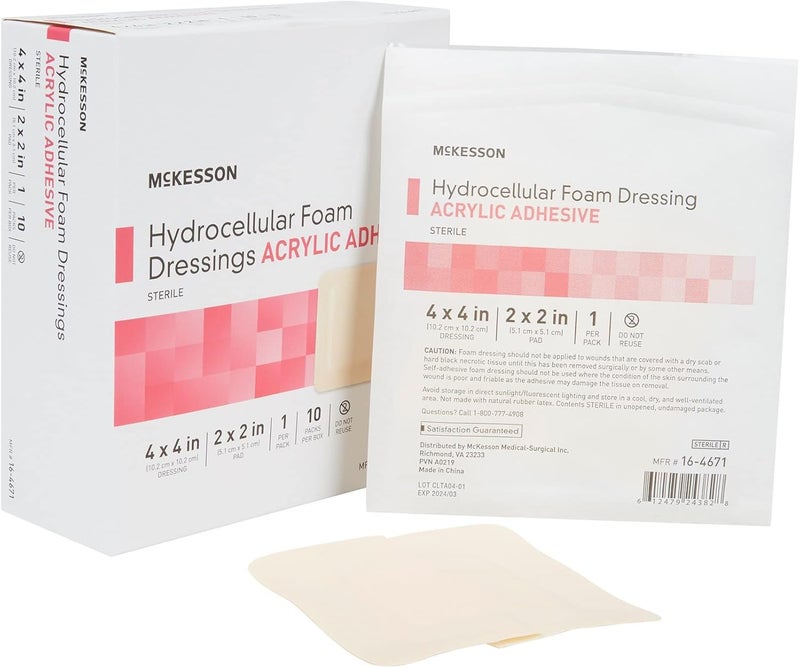 McKesson Hydrocellular Foam Dressings, Sterile, Acrylic Adhesive with Border, 4 in x 4 in, 10 Count, 1 Pack