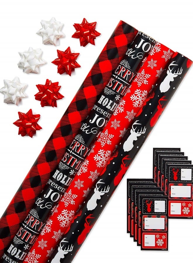 American Greetings Christmas Wrapping Paper Set with Cut Lines, Red, Black and White, Plaid, Reindeer and Snowflakes (4 Rolls, 7 Bows, 30 Gift Tags, 120 sq. ft.) - Image 1