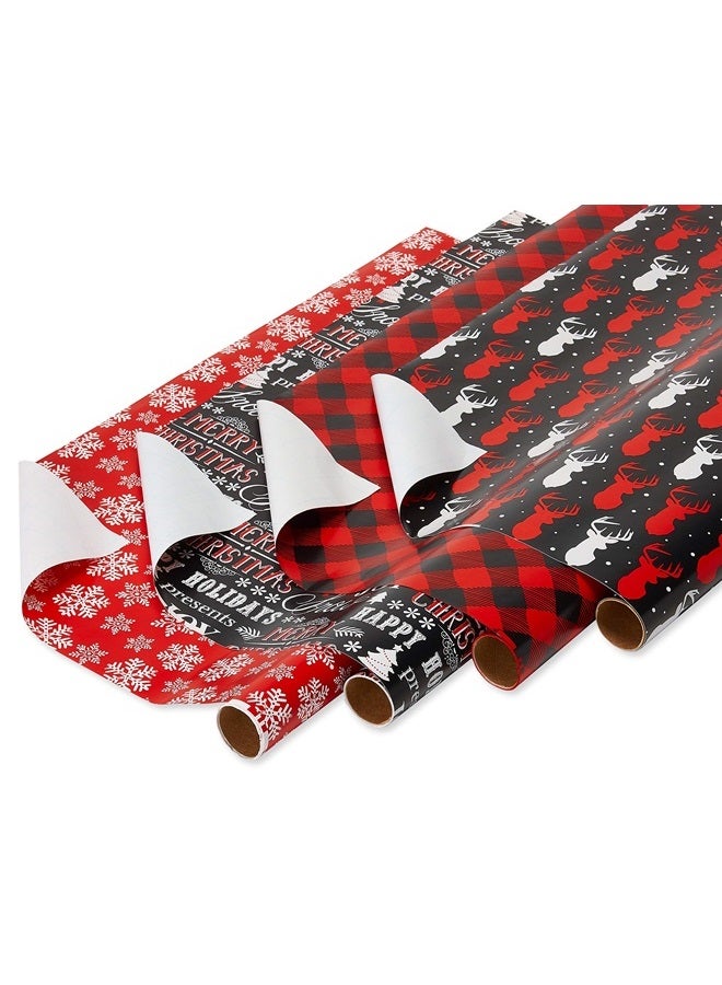 American Greetings Christmas Wrapping Paper Set with Cut Lines, Red, Black and White, Plaid, Reindeer and Snowflakes (4 Rolls, 7 Bows, 30 Gift Tags, 120 sq. ft.) - Image 2