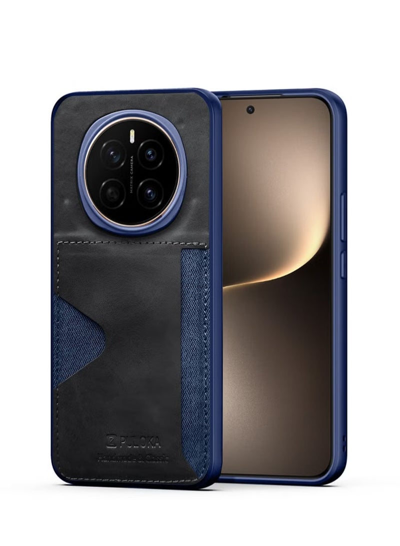 PULOKA Honor Magic7 5G 2024 Card Holder Skin-feel Leather Back Silicone Sides Case Cover - Navy Blue - Image 1