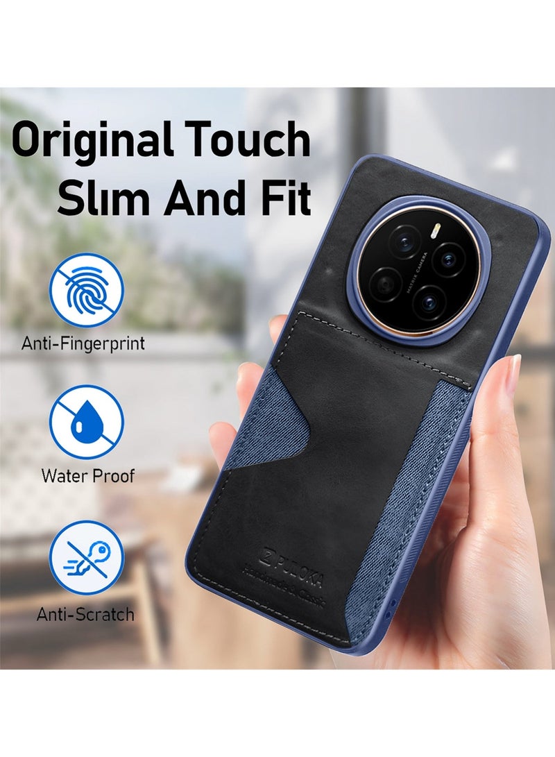 PULOKA Honor Magic7 5G 2024 Card Holder Skin-feel Leather Back Silicone Sides Case Cover - Navy Blue - Image 2