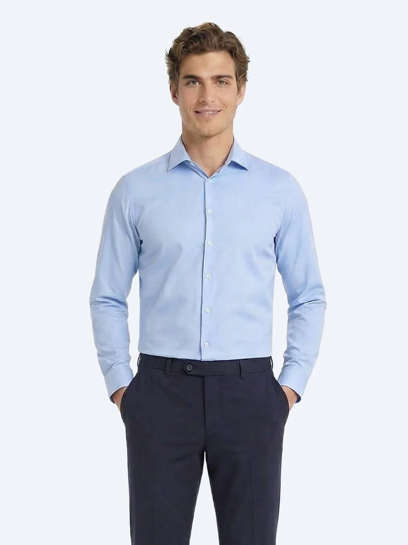 Kip Blue Plain Slim Fit Long Weaving Classical Cotton Blended Shirt