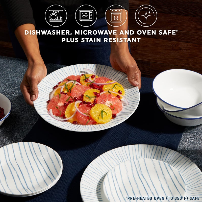 Corelle 18-Piece Dinnerware Set Service for 6, Lightweight Round Plates and Bowls Set, Vitrelle Triple Layer Glass, Chip Resistant, Microwave and Dishwasher Safe, Nautical Stripes - Image 3