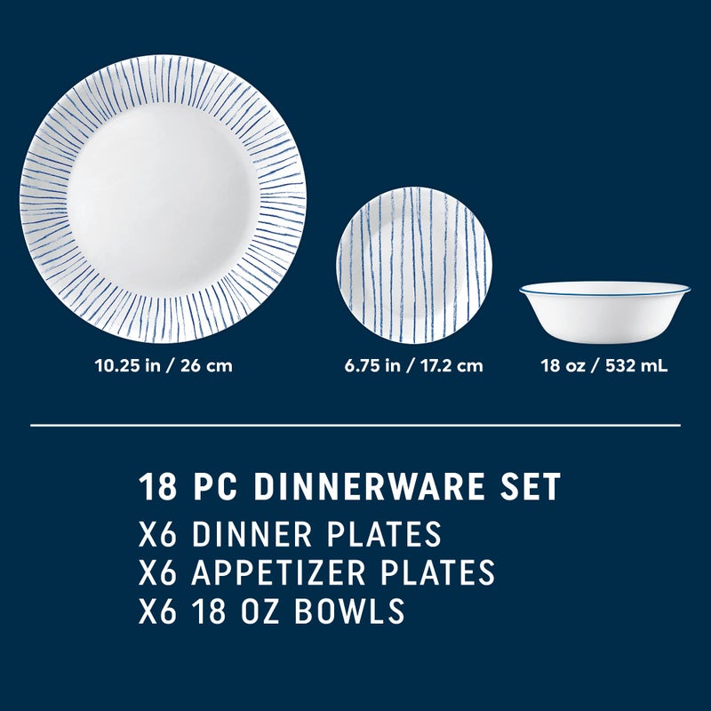 Corelle 18-Piece Dinnerware Set Service for 6, Lightweight Round Plates and Bowls Set, Vitrelle Triple Layer Glass, Chip Resistant, Microwave and Dishwasher Safe, Nautical Stripes - Image 5