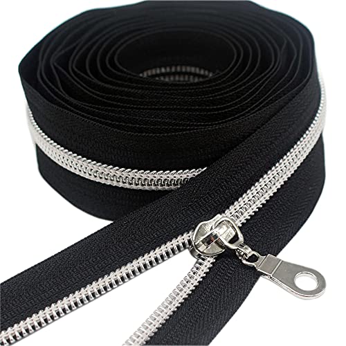 YaHoGa #5 Silver Metallic Nylon Coil Zippers by The Yard Bulk Black Tape 10 Yards with 25pcs Pulls for DIY Sewing Tailor Craft Bags (Black) - Image 2