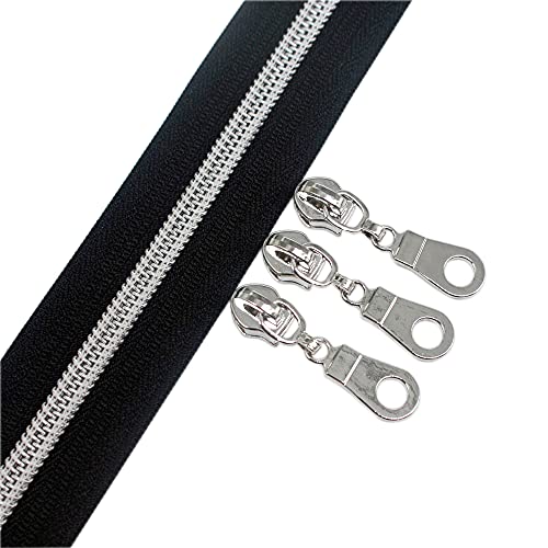 YaHoGa #5 Silver Metallic Nylon Coil Zippers by The Yard Bulk Black Tape 10 Yards with 25pcs Pulls for DIY Sewing Tailor Craft Bags (Black) - Image 1