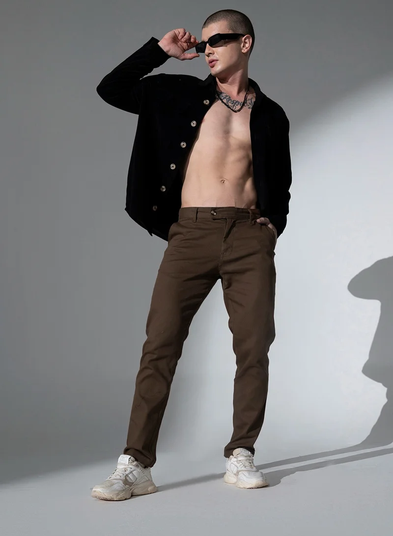 Hubberholme Brown Slim Fit Solid Chinos for Men