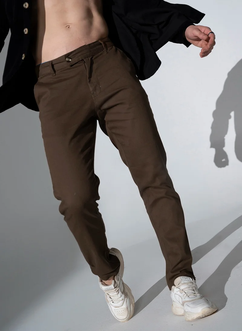 Hubberholme Brown Slim Fit Solid Chinos for Men