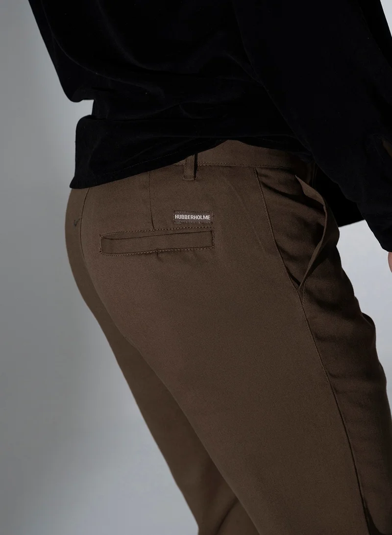 Hubberholme Brown Slim Fit Solid Chinos for Men