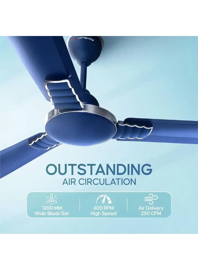 لونج واي LONGWAY Wave P1 Ceiling Fan, 1200mm/48 inch, 400 RPM, Ultra High Speed,Star Rated,Silver Blue - Image 4