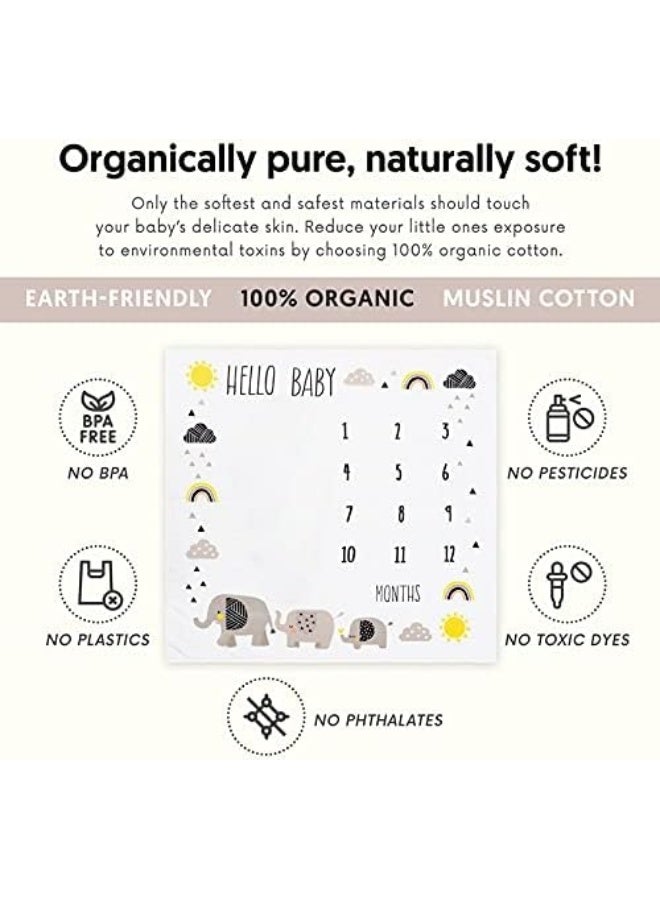 Pondering Pine Organic Baby Monthly Milestone Blanket for Boy or Girl with Month Marker - Elephant Milestones Blanket, 1-12 Months, Gender Neutral, 47" X 47" - Image 3