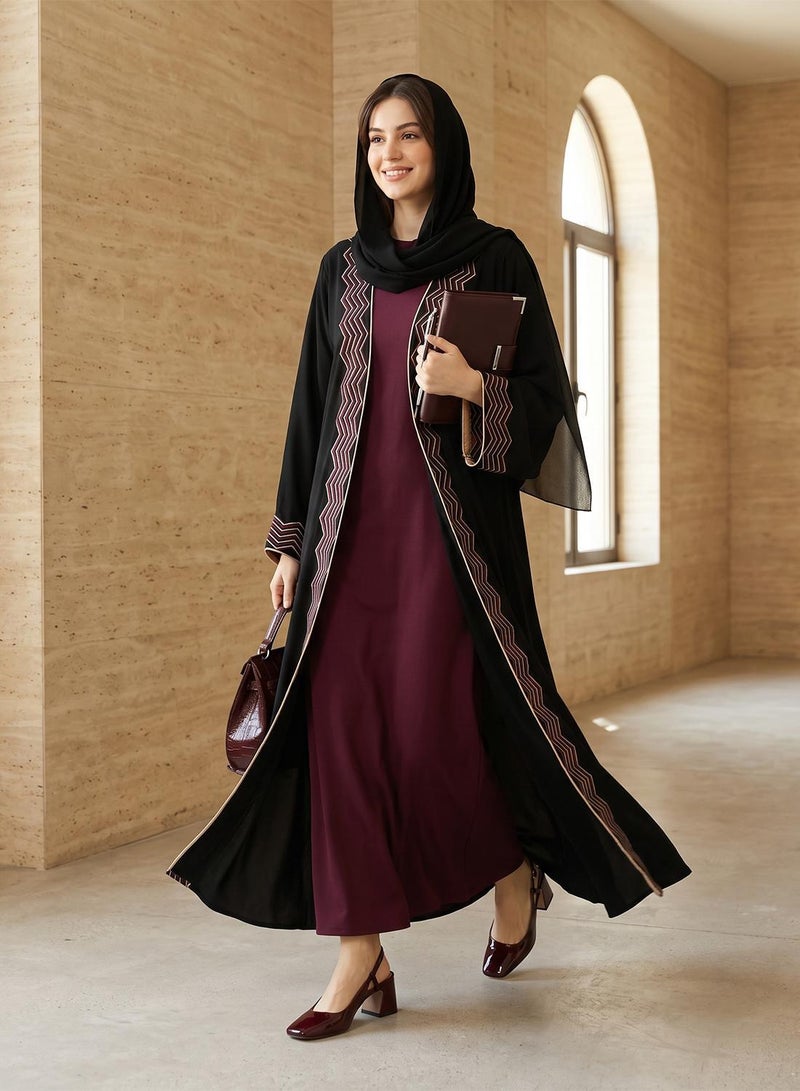hayas closet Zig Zag Embroidered Open Front V Neck Abaya - Image 1