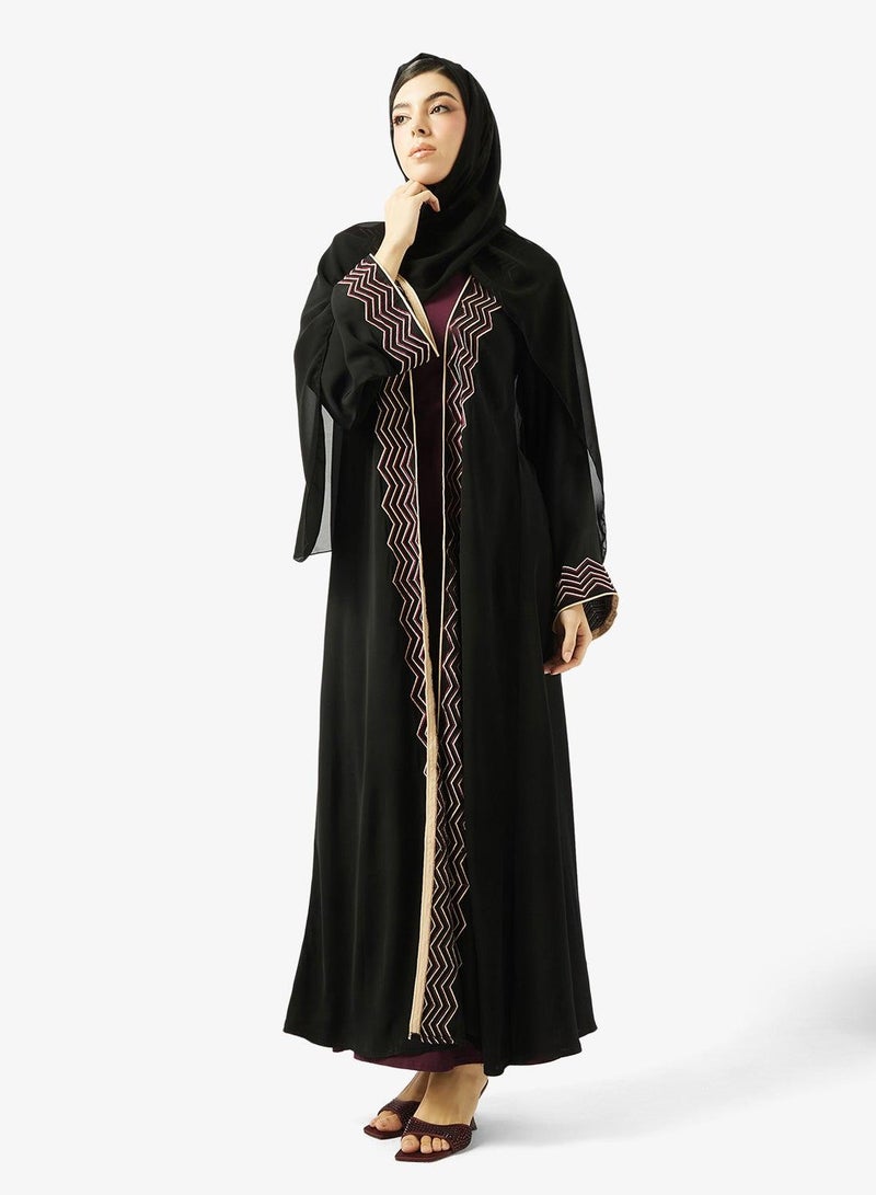 hayas closet Zig Zag Embroidered Open Front V Neck Abaya - Image 2