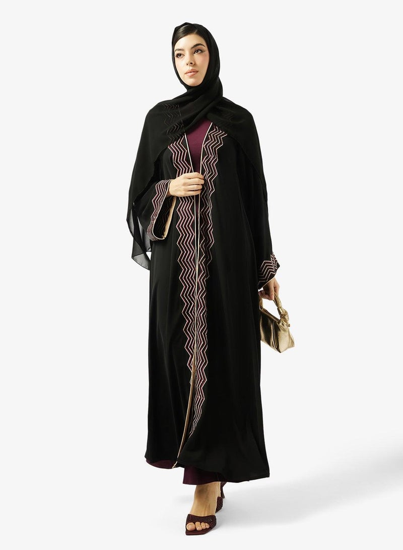 hayas closet Zig Zag Embroidered Open Front V Neck Abaya - Image 5