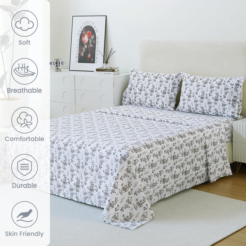 Mooreeke مجموعة ملاءات كوين من ماوريك - قطن بيركال مزخرف ناعم وقابل للتنفس مع جيب عميق - تصميم مثبت غير قابل للانزلاق - نمط زهور صغيرة رمادية متدرجة - Image 3
