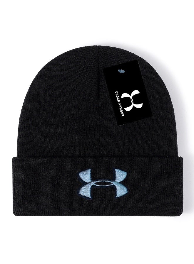 Under Armour Black Ribbed Knit Beanie (Light Blue Logo)
