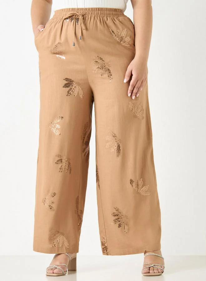 Ulla Popken Plus Size Ulla Popken All-Over Embellished Wide Leg Pants with Drawstring Closure and Pockets