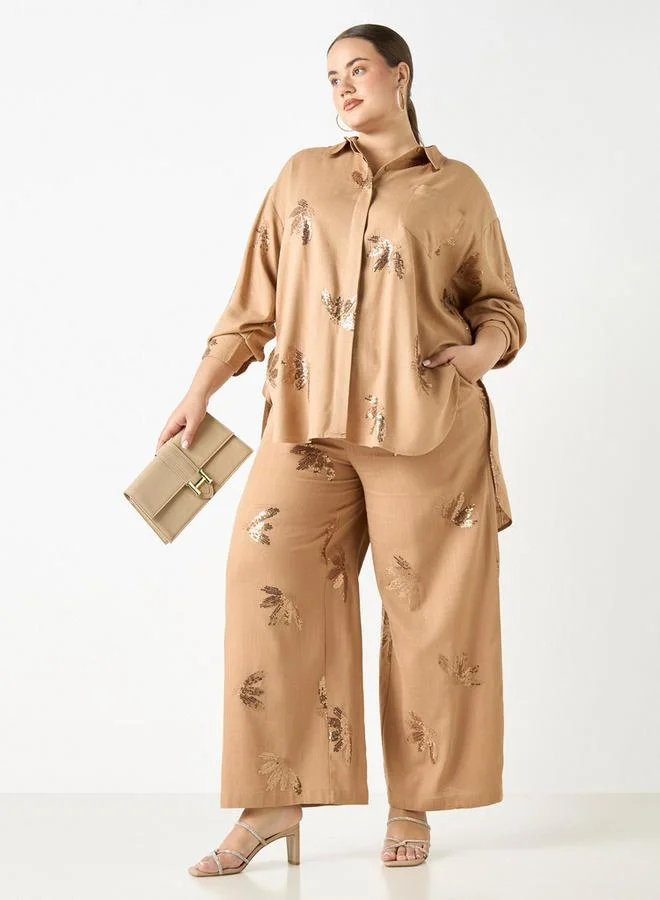 Ulla Popken Plus Size Ulla Popken All-Over Embellished Wide Leg Pants with Drawstring Closure and Pockets