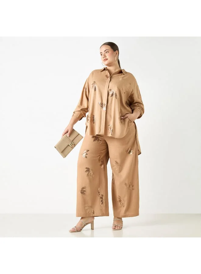 Ulla Popken Plus Size Ulla Popken All-Over Embellished Wide Leg Pants with Drawstring Closure and Pockets