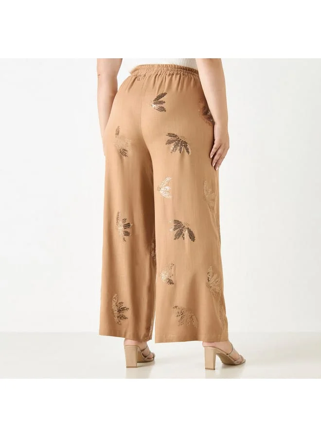 Ulla Popken Plus Size Ulla Popken All-Over Embellished Wide Leg Pants with Drawstring Closure and Pockets