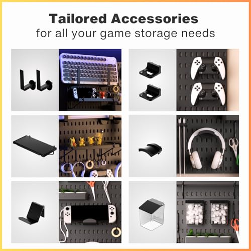 Keepo Pegboard Combination Kit, Pegboards and Accessories Modular Hanging for Gaming Setup, Gaming Station Peg Board, Gaming Organizer, Wall Game Controller Holder, Headset Stand (Black, 33″×22″) - Image 4