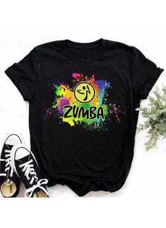 Zumba Floral Print Short Sleeve T-Shirt Womens Top Fashionable Casual Style round Neck Fit Type Polyester Fiber Modal Fabric 21-Black