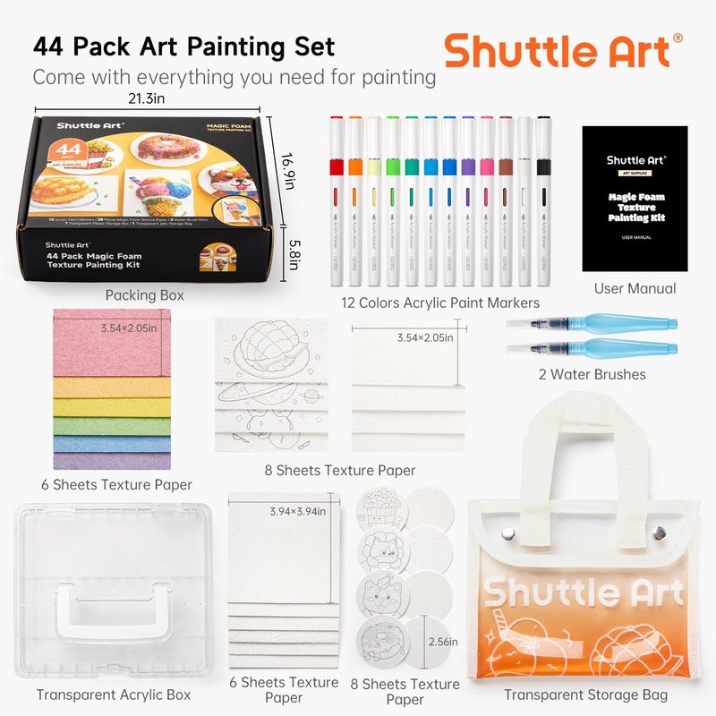 Shuttle Art 44 Pcs Magic Form Texture Painting Kit, Including 28 Pcs Foam Texture Paper, 12 Colors Brush Tip Acrylic Paint Markers, Magical 3D Effect Texture Painting Kit - Image 2