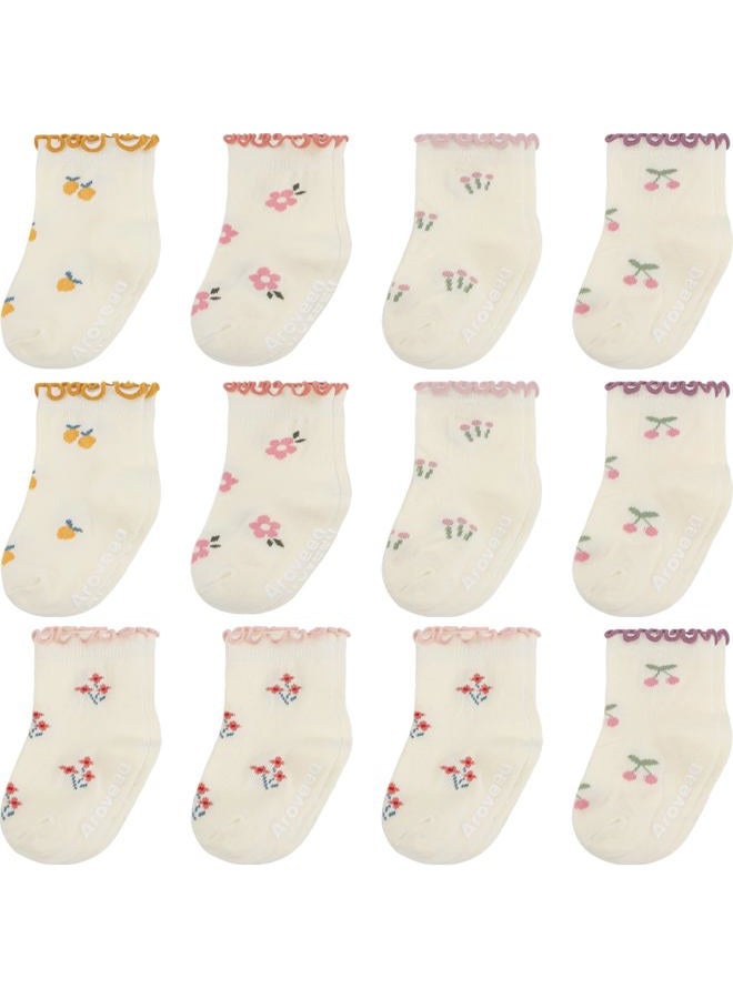Aroveea Non Slip Grip Ankle Baby Socks 12 Pack for Toddler Boys and Girls Kids,Infant Cute Cotton Baby Socks, Ruffle2, 6-12 Months - Image 1
