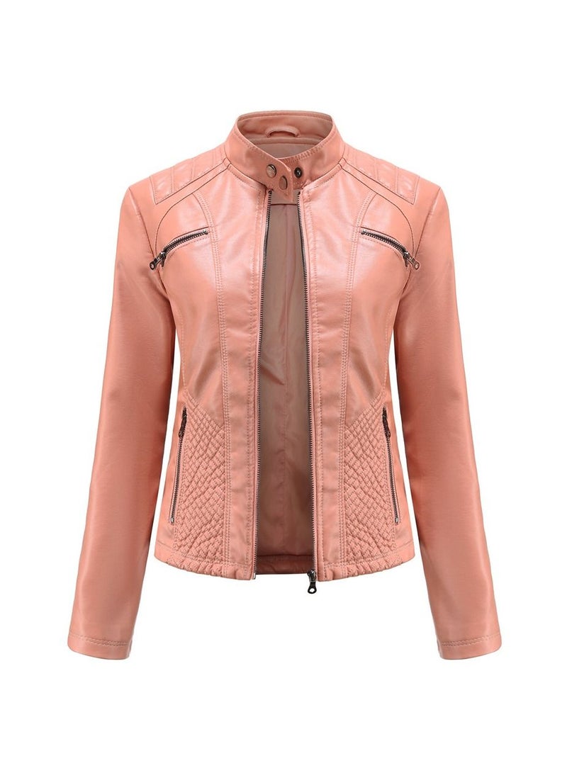 Loquat 2023 New Women's Casual Leather Stand Neck Jacket Pink  - Image 1
