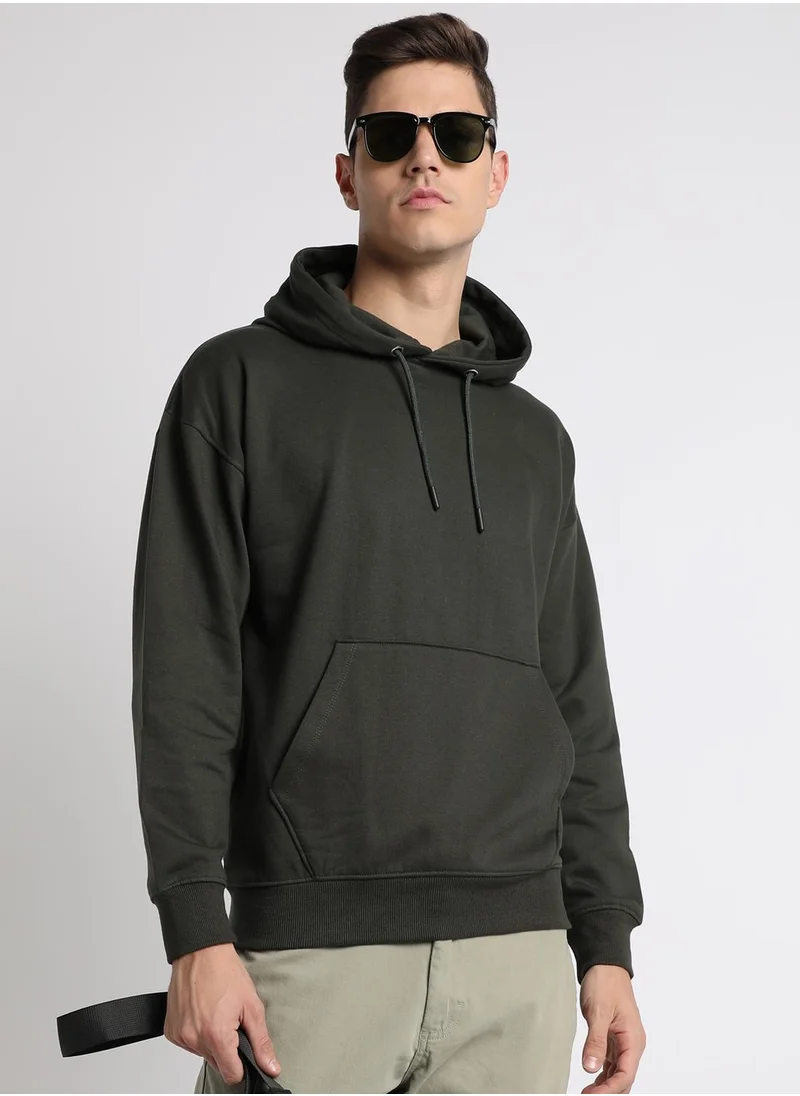 دينيس لينغو Regular Fit Olive Solid Hooded Sweatshirt for Men - Polycotton, Full Sleeves