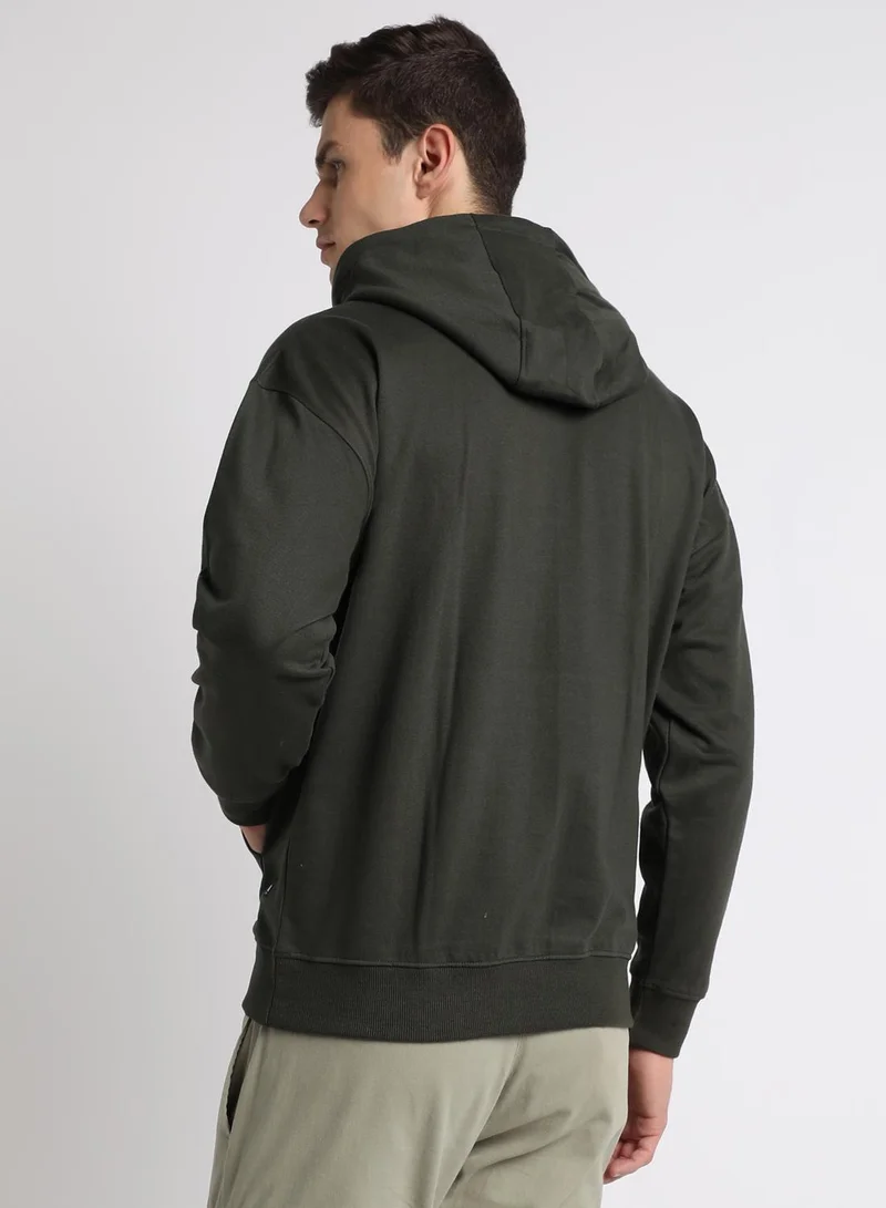 Dennis Lingo Regular Fit Olive Solid Hooded Sweatshirt for Men - Polycotton, Full Sleeves