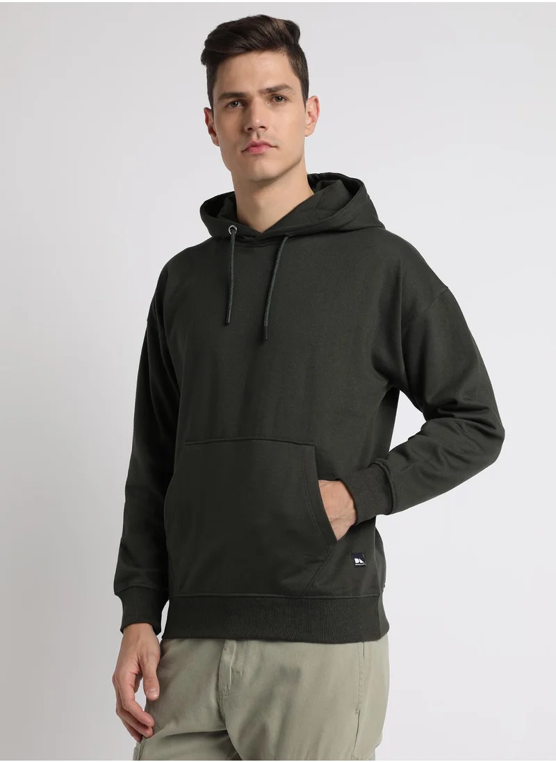 دينيس لينغو Regular Fit Olive Solid Hooded Sweatshirt for Men - Polycotton, Full Sleeves