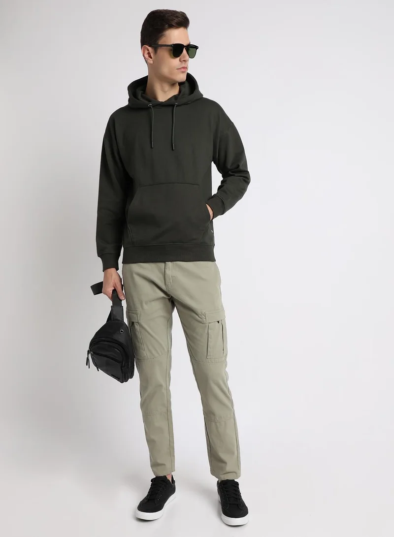 Dennis Lingo Regular Fit Olive Solid Hooded Sweatshirt for Men - Polycotton, Full Sleeves
