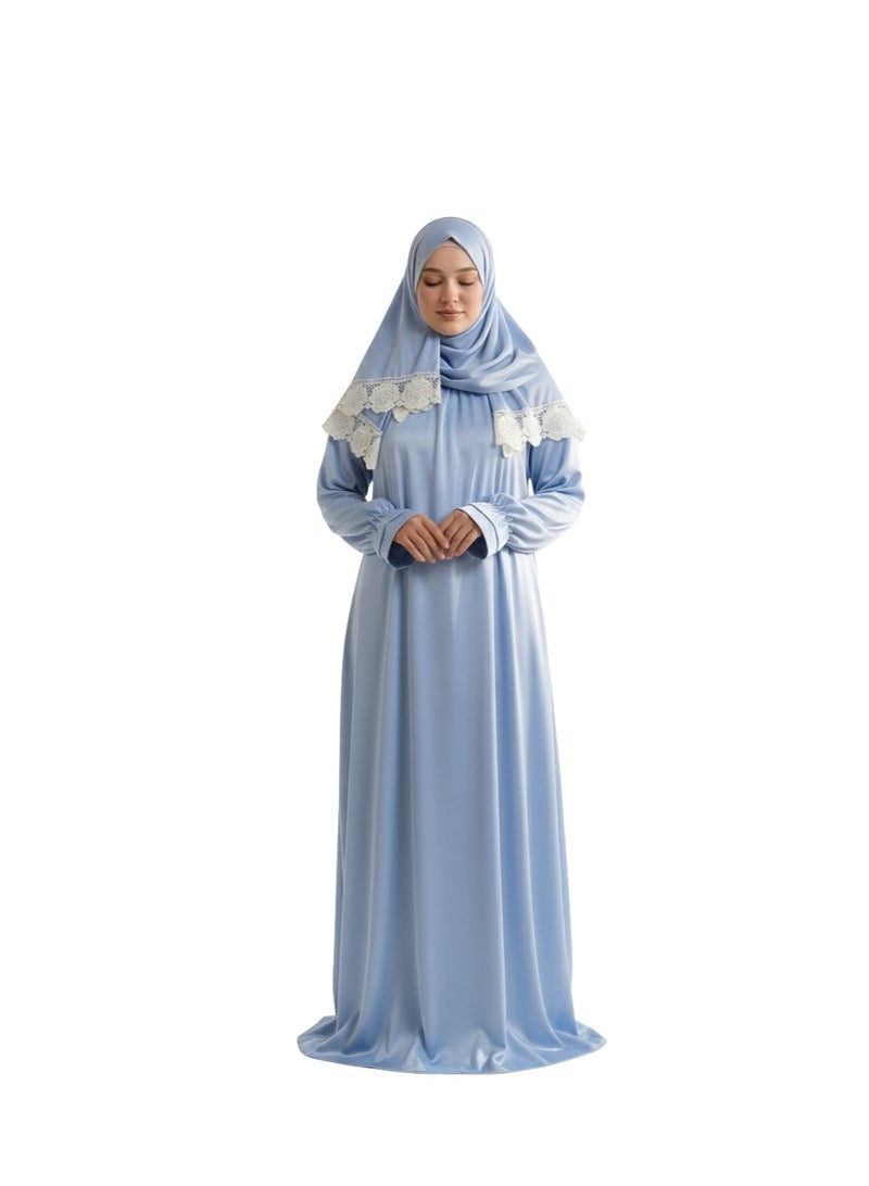 KESSAA Lamar Women’s Premium Prayer Isdal – Armani Silk Full-Coverage Salah Dress with Integrated Head Scarf | Non-Transparent Lightweight Fabric | Free Size Fits S–2XL | Modest Islamic Wear - Blue - Image 1