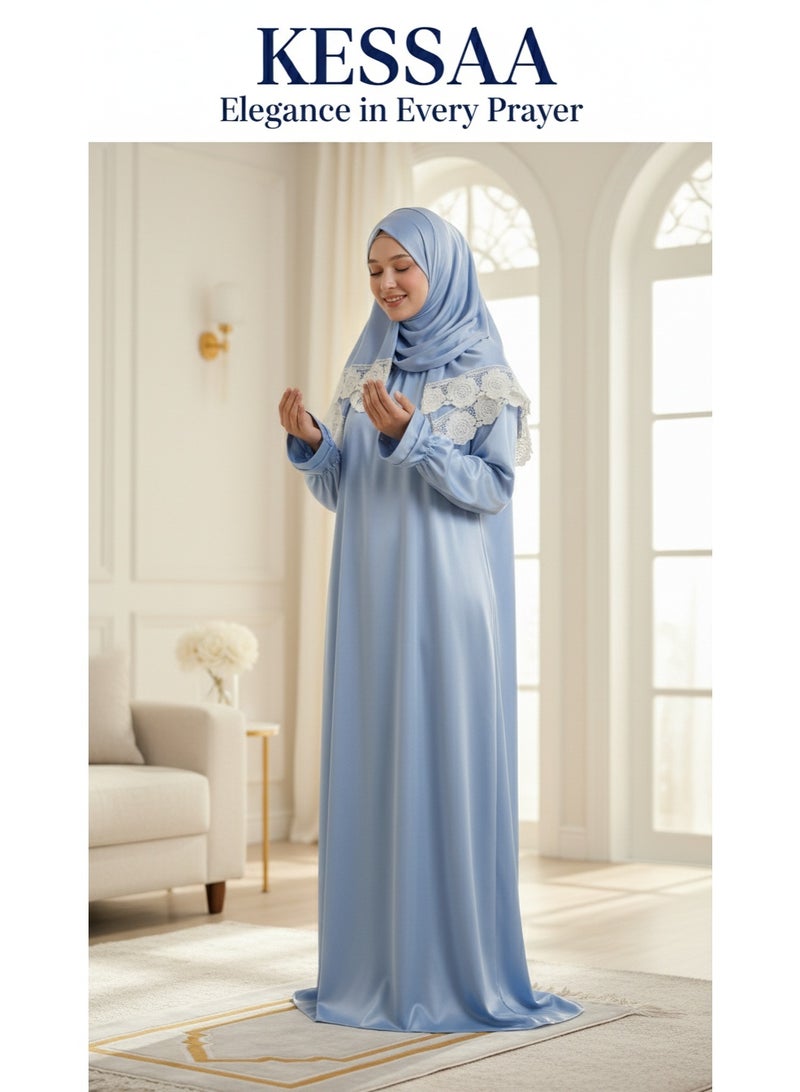 KESSAA Lamar Women’s Premium Prayer Isdal – Armani Silk Full-Coverage Salah Dress with Integrated Head Scarf | Non-Transparent Lightweight Fabric | Free Size Fits S–2XL | Modest Islamic Wear - Blue - Image 2