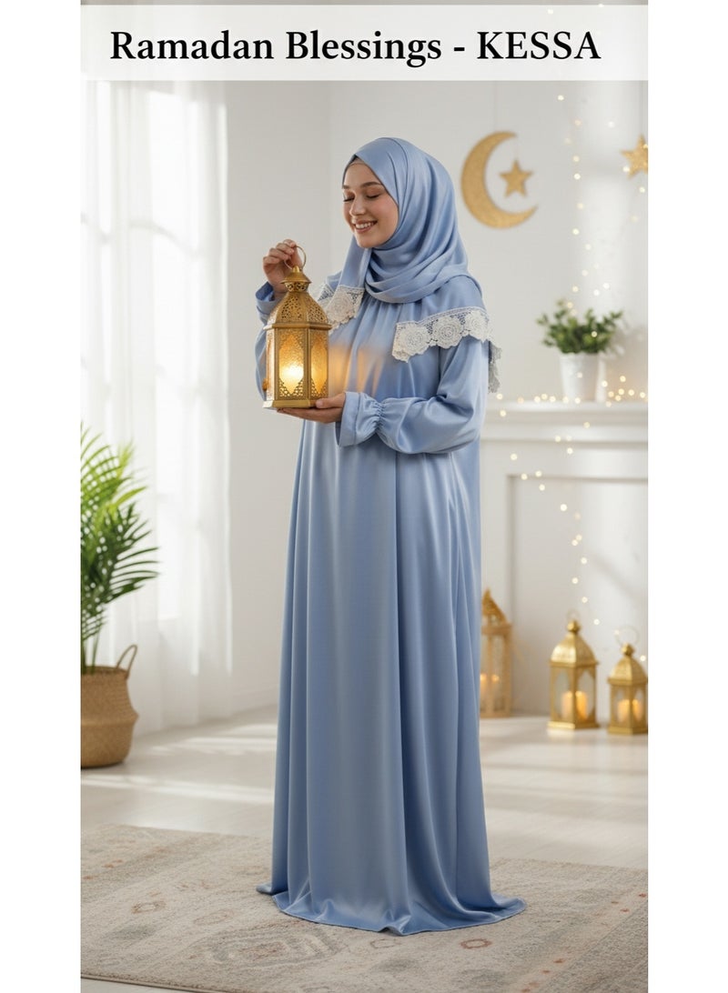 KESSAA Lamar Women’s Premium Prayer Isdal – Armani Silk Full-Coverage Salah Dress with Integrated Head Scarf | Non-Transparent Lightweight Fabric | Free Size Fits S–2XL | Modest Islamic Wear - Blue - Image 3