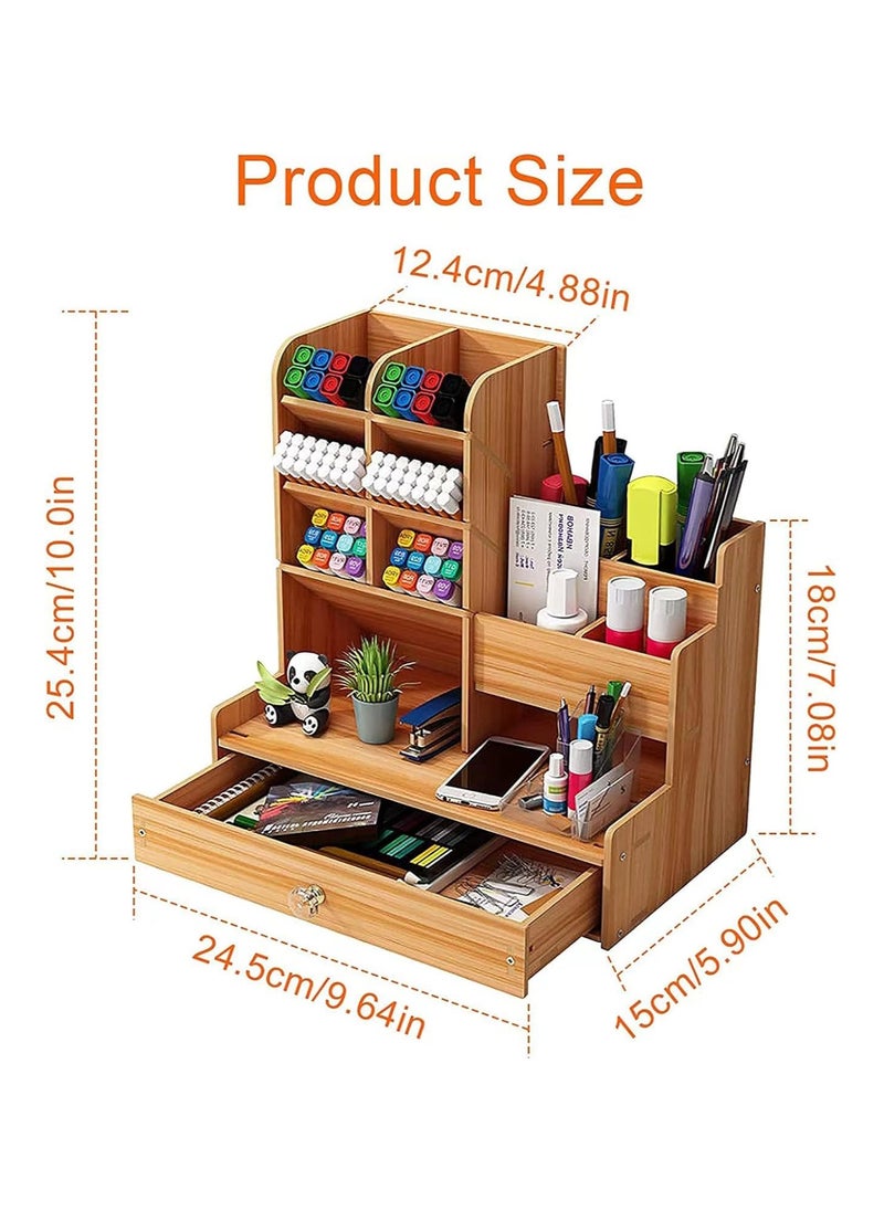 YelaJoy Wooden Desk Organizer, Office Desk Organizer with Drawer, Pen Holder for Multifunctional Desk, Pen Holder for Office Home School Pens (Brown)  - Image 2