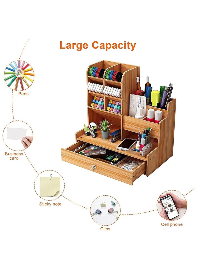 YelaJoy Wooden Desk Organizer, Office Desk Organizer with Drawer, Pen Holder for Multifunctional Desk, Pen Holder for Office Home School Pens (Brown)  - Image 3