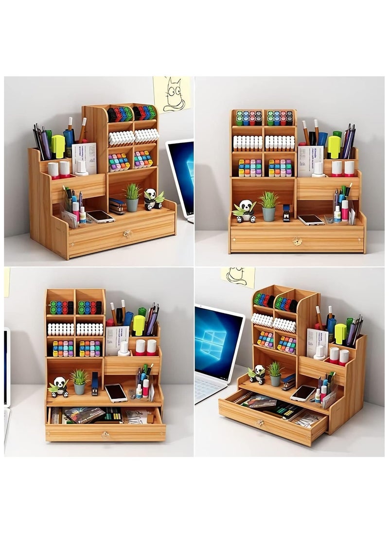 YelaJoy Wooden Desk Organizer, Office Desk Organizer with Drawer, Pen Holder for Multifunctional Desk, Pen Holder for Office Home School Pens (Brown)  - Image 4